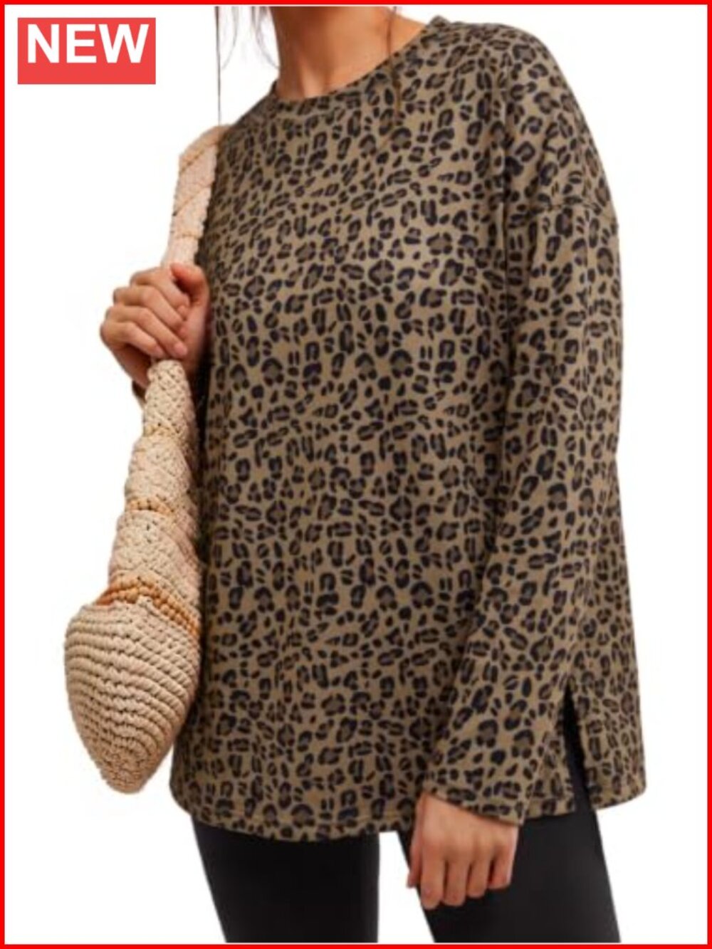 Oversized Long Sleeve Tee Women Casual Loose Fit Leopard Print Side Slit